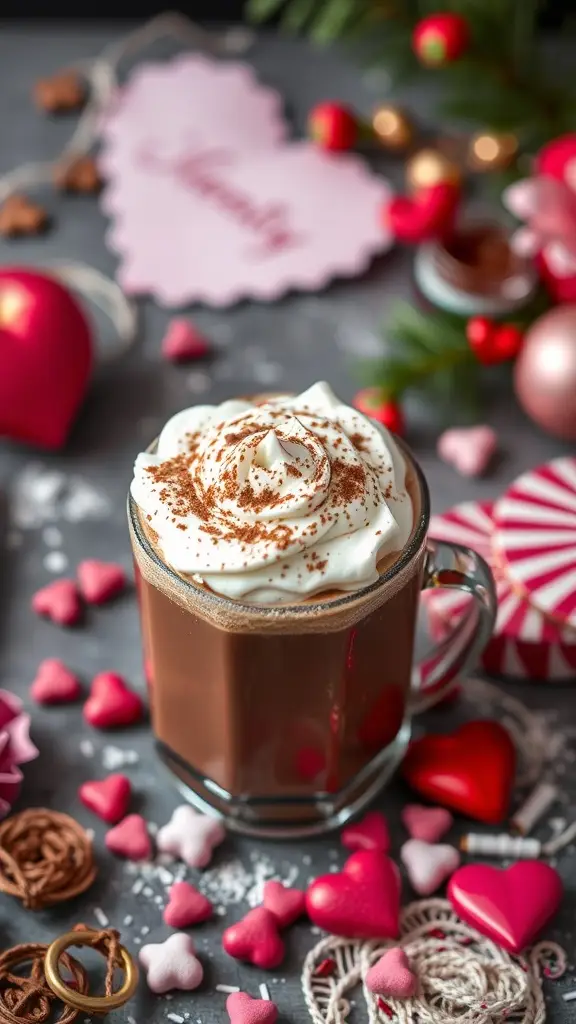 A mug of hot chocolate topped with whipped cream and cocoa powder, surrounded by heart-shaped decorations.