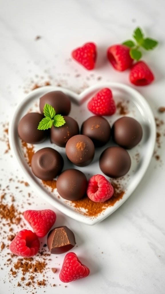 Chocolate truffles served on a heart-shaped plate with scattered raspberries and cocoa powder garnish.