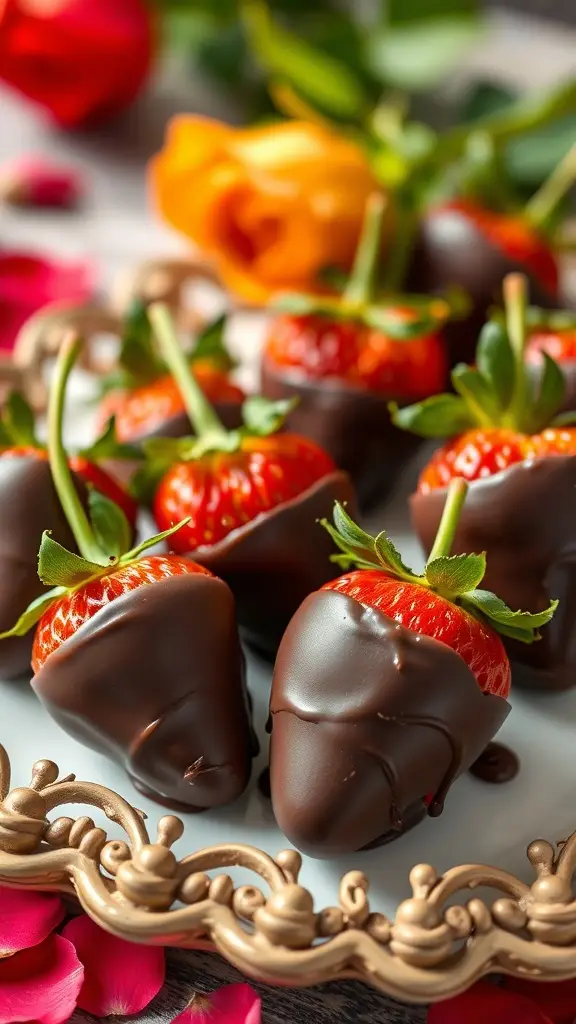 Fresh strawberries dipped in dark chocolate, placed on a decorative gold-trimmed tray.