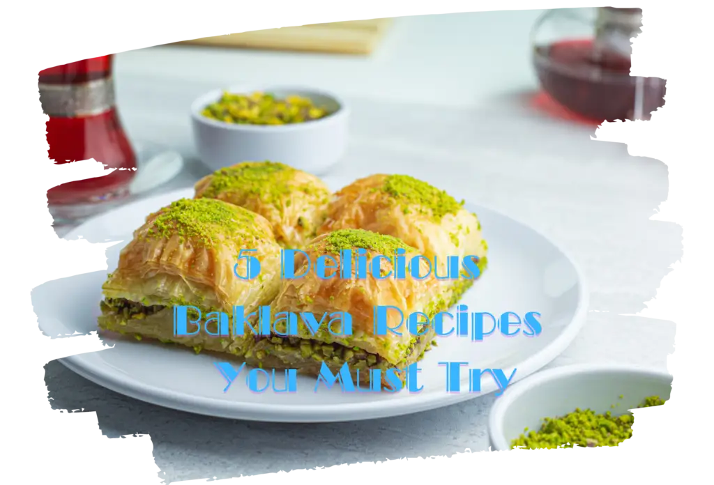 A plate of golden baklava garnished with ground pistachios, accompanied by a cup of tea.