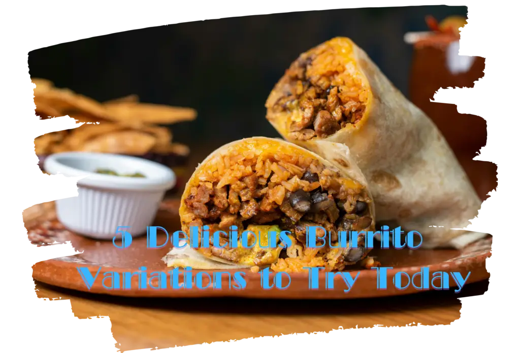 A close-up of a freshly cut burrito filled with seasoned rice, beans, and meat, served on a wooden plate with a side of dipping sauce.