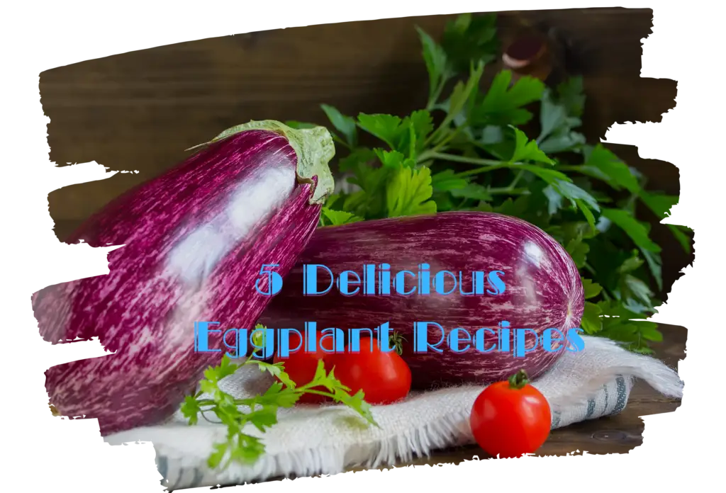 A rustic background with two vibrant striped eggplants, fresh parsley, and cherry tomatoes on a wooden table.