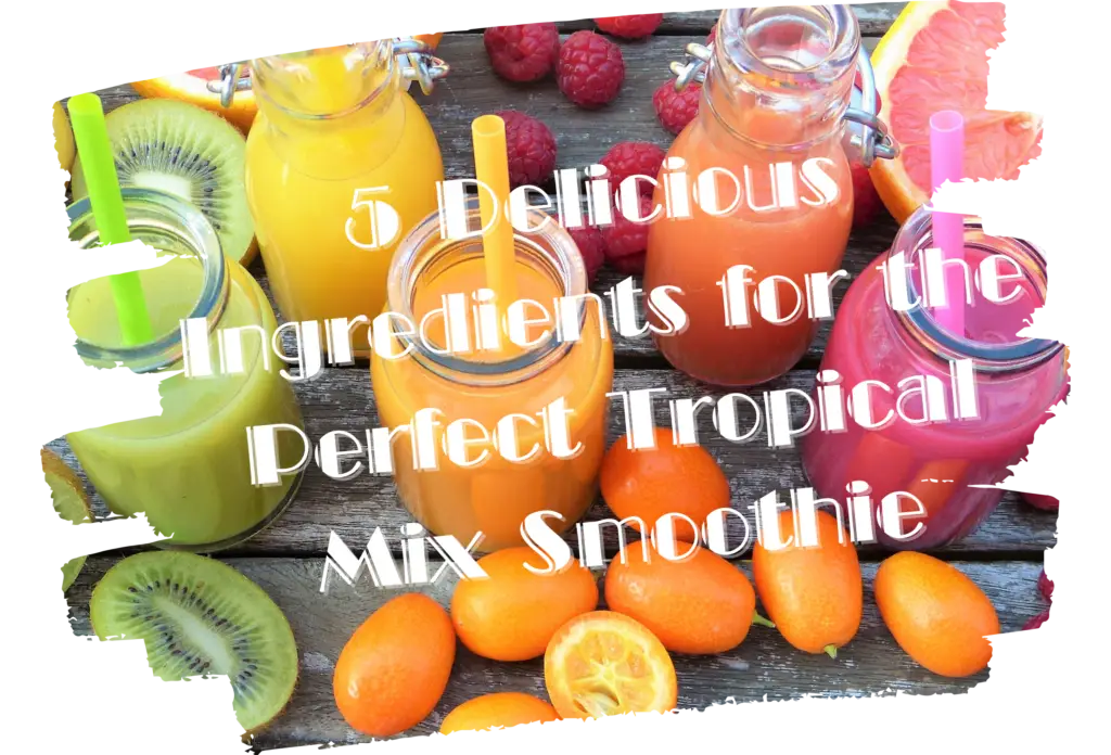 A vibrant display of colorful tropical smoothies in glass bottles, surrounded by fresh fruits like kiwi, oranges, and kumquats.