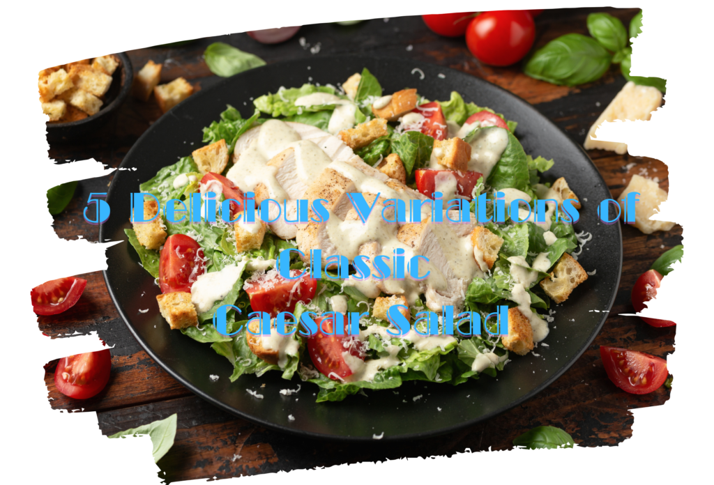 A vibrant Caesar salad with tomatoes, chicken, croutons, and parmesan cheese, dressed in a creamy sauce.