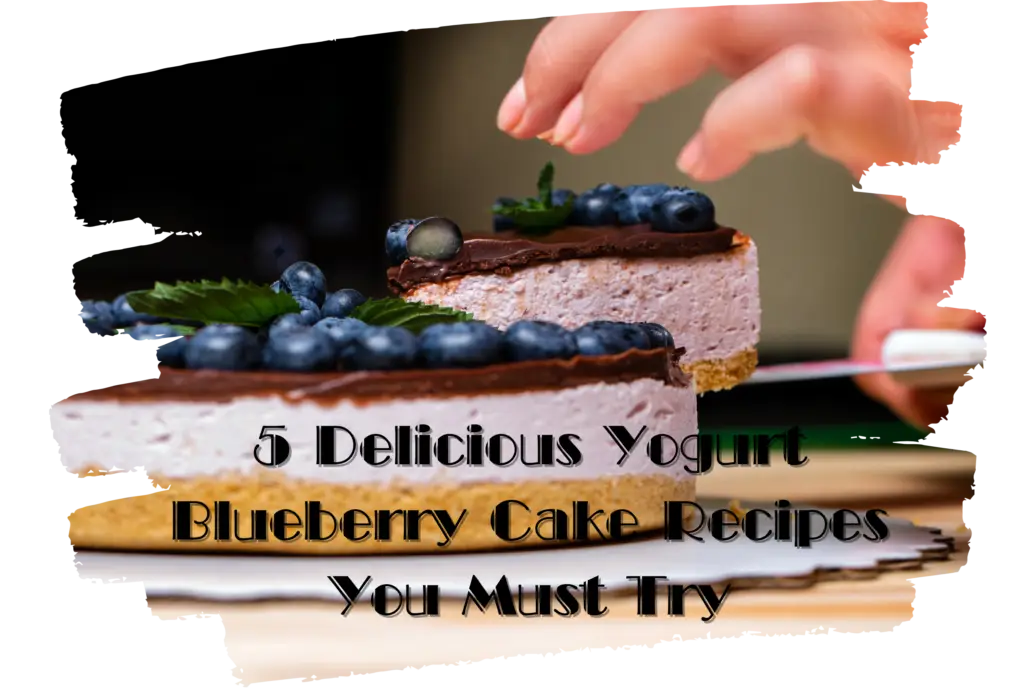 A slice of yogurt blueberry cake being cut, topped with fresh blueberries and a chocolate glaze.