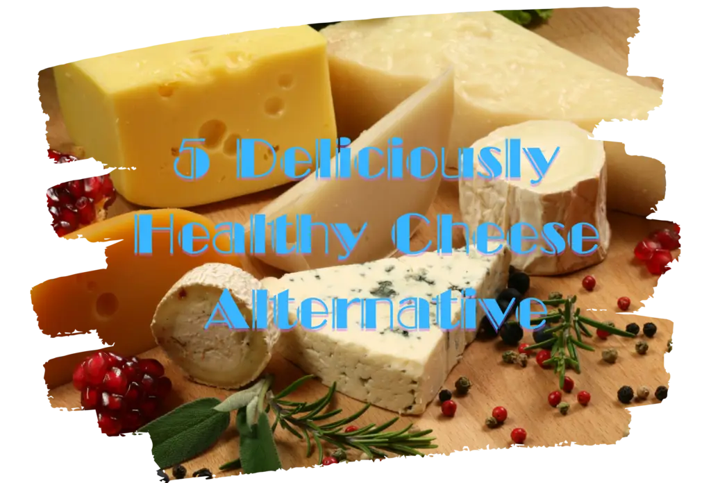 A cheese board featuring different types of cheese, including blue cheese, soft goat cheese, and Swiss cheese, garnished with herbs and pomegranate seeds