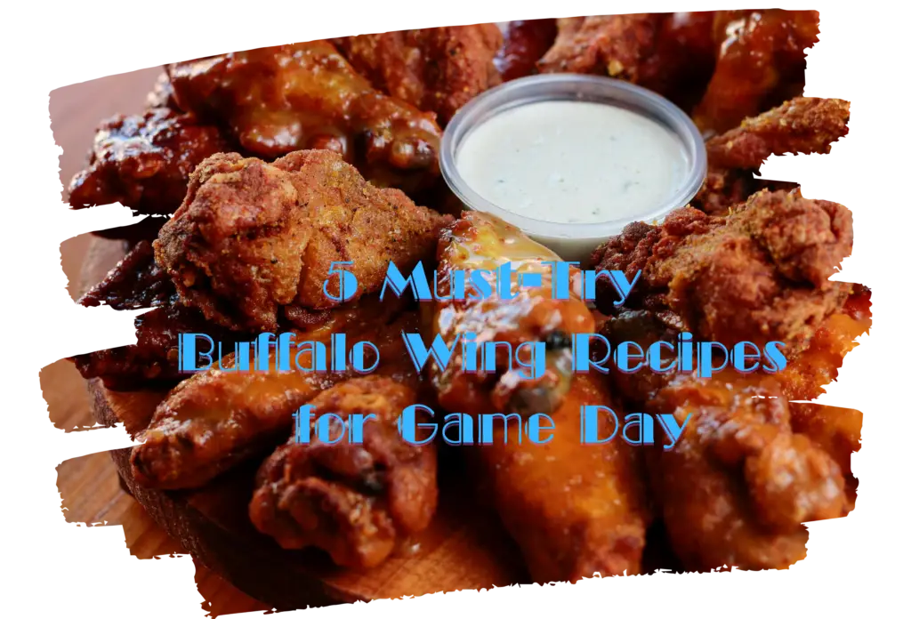 A wooden platter filled with a variety of buffalo wings, including crispy, saucy, and deep-fried options, with a side of ranch dip.