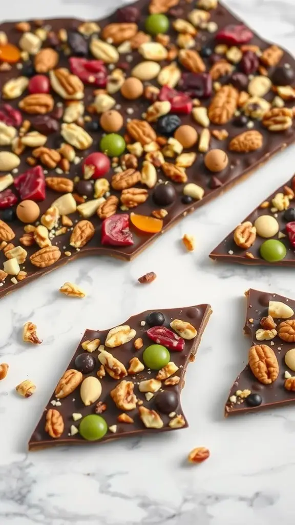 Chocolate bark pieces filled with assorted nuts and colorful dried fruits, arranged on a marble surface.