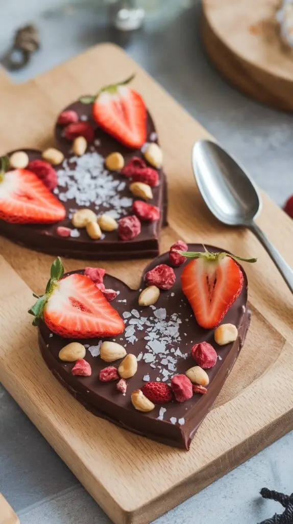 Heart-shaped chocolate slabs topped with sliced strawberries, peanuts, and dried raspberries.