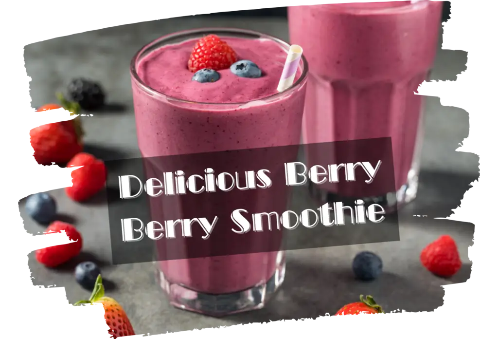 Two glasses of rich berry smoothie garnished with fresh raspberries and blueberries, served with a straw.