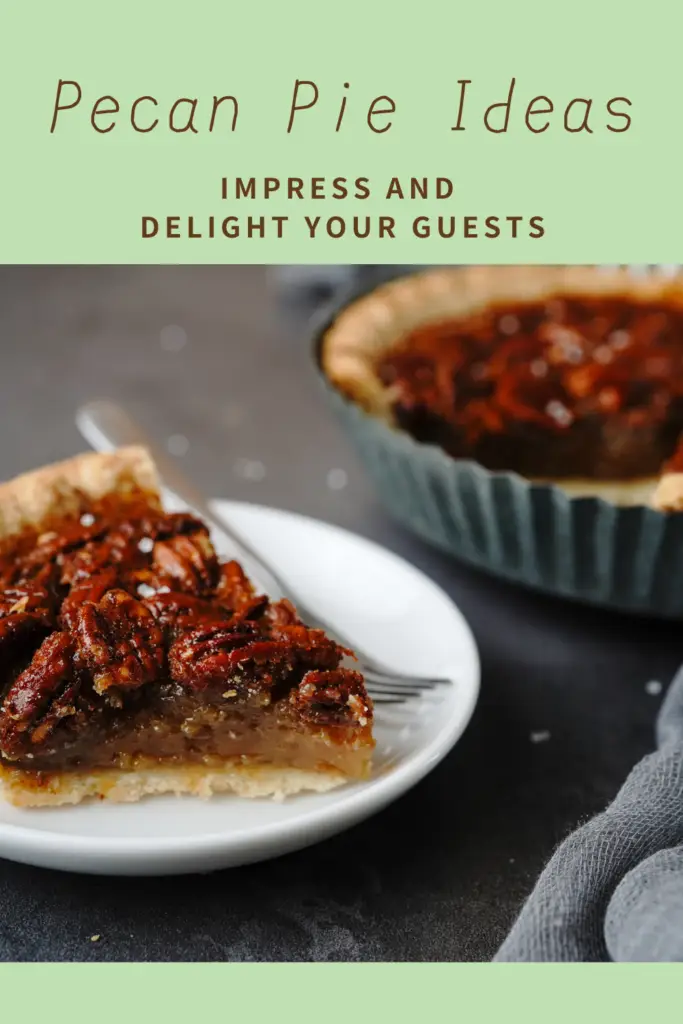 A close-up of a rich pecan pie slice on a white plate, with a full pecan pie in the background, set on a dark table.