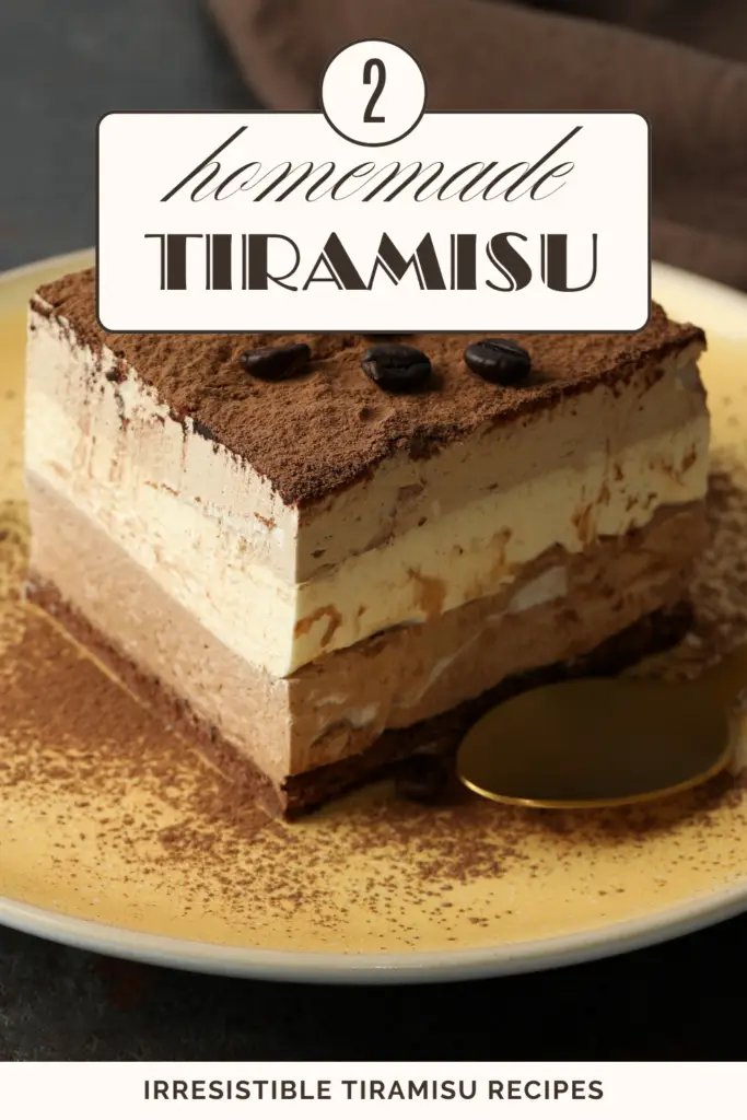 A square slice of tiramisu with multiple layers of coffee-soaked sponge and mascarpone cream, dusted with cocoa and topped with coffee beans.