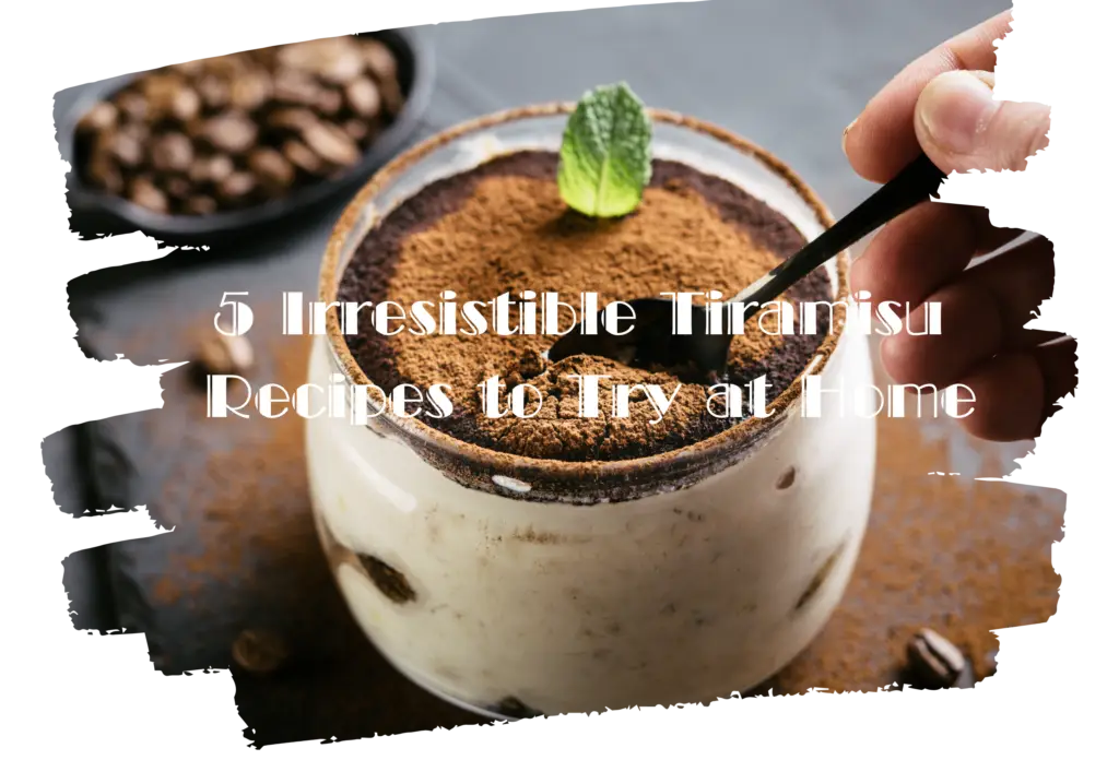 A creamy glass of tiramisu with cocoa dusting and a mint leaf on top, being scooped with a spoon.