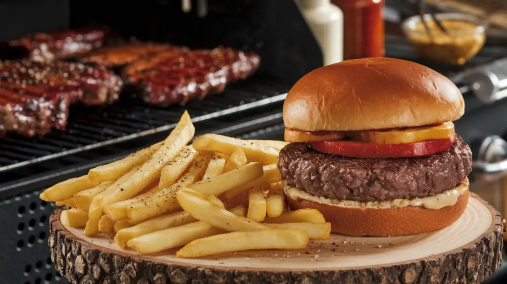 A juicy beef hamburger topped with grilled pineapple and tomato, served with a side of seasoned French fries on a rustic wooden platter, with barbecue-grilled meats in the background.