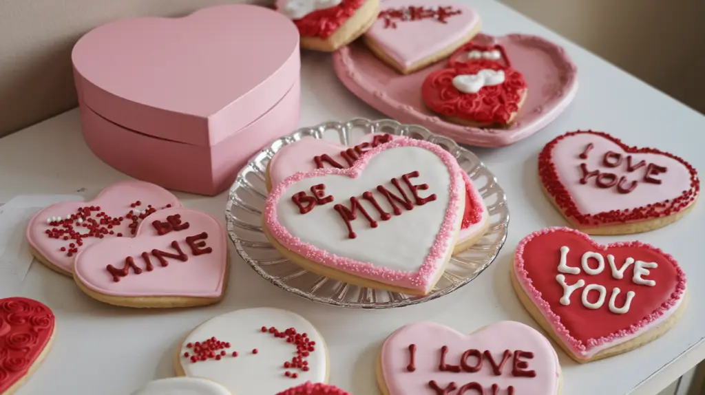 A table filled with various heart-shaped Valentine's Day cookies decorated with pink, red, and white icing, featuring phrases like "Be Mine" and "Love You."