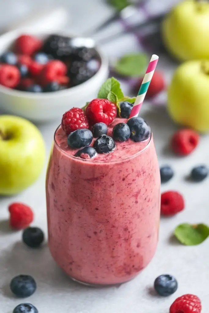 A vibrant berry and apple smoothie topped with fresh berries.