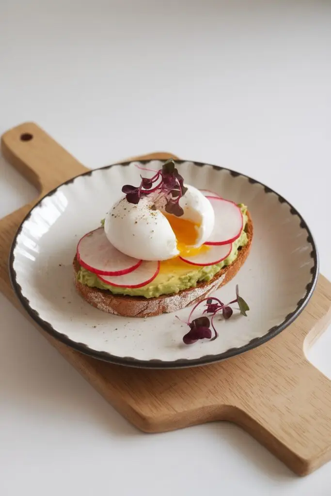 A slice of toast topped with creamy avocado, thinly sliced radishes, a perfectly poached egg, and microgreens on a wooden plate.