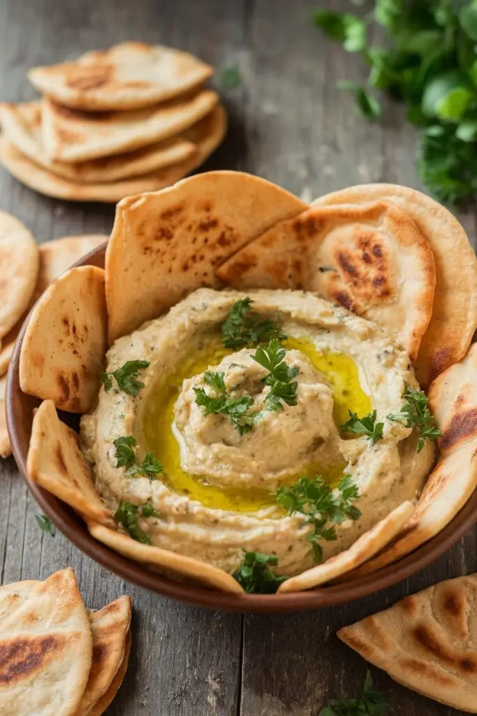 A bowl of creamy baba ganoush drizzled with olive oil and garnished with fresh parsley, served with crispy pita chips.