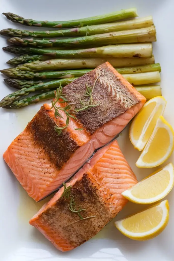 Grilled salmon fillet served with roasted asparagus and lemon wedges.