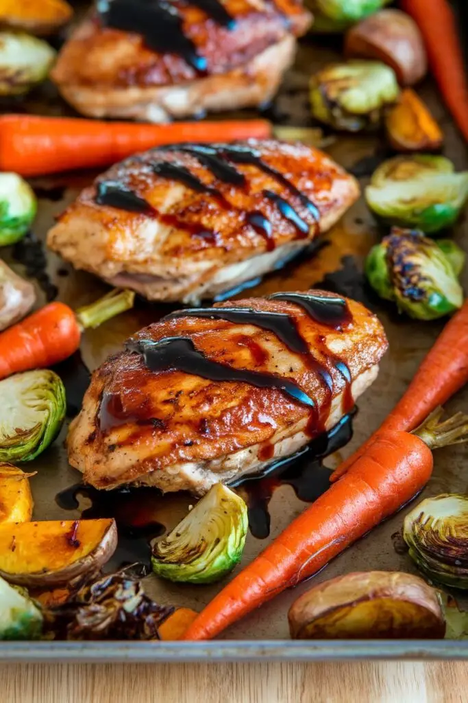 Balsamic-glazed chicken breast served on a tray with roasted carrots, Brussels sprouts, and potatoes.