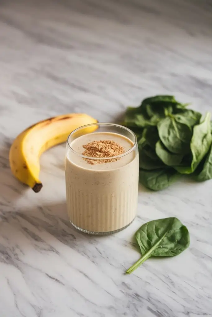 Banana and spinach protein shake in a glass on a marble counter.