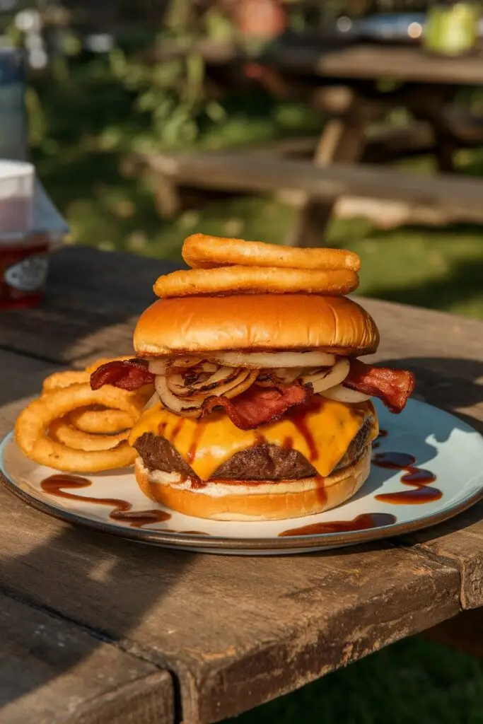 A BBQ bacon cheeseburger topped with onion rings, served outdoors on a sunny day. Perfect for a Beef Hamburger Helper Recipe idea.