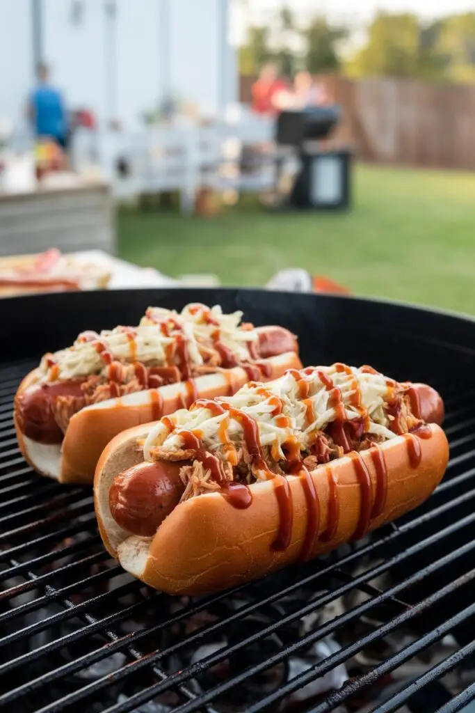 Two BBQ pulled pork hot dogs on a grill, topped with coleslaw and drizzled with barbecue sauce.