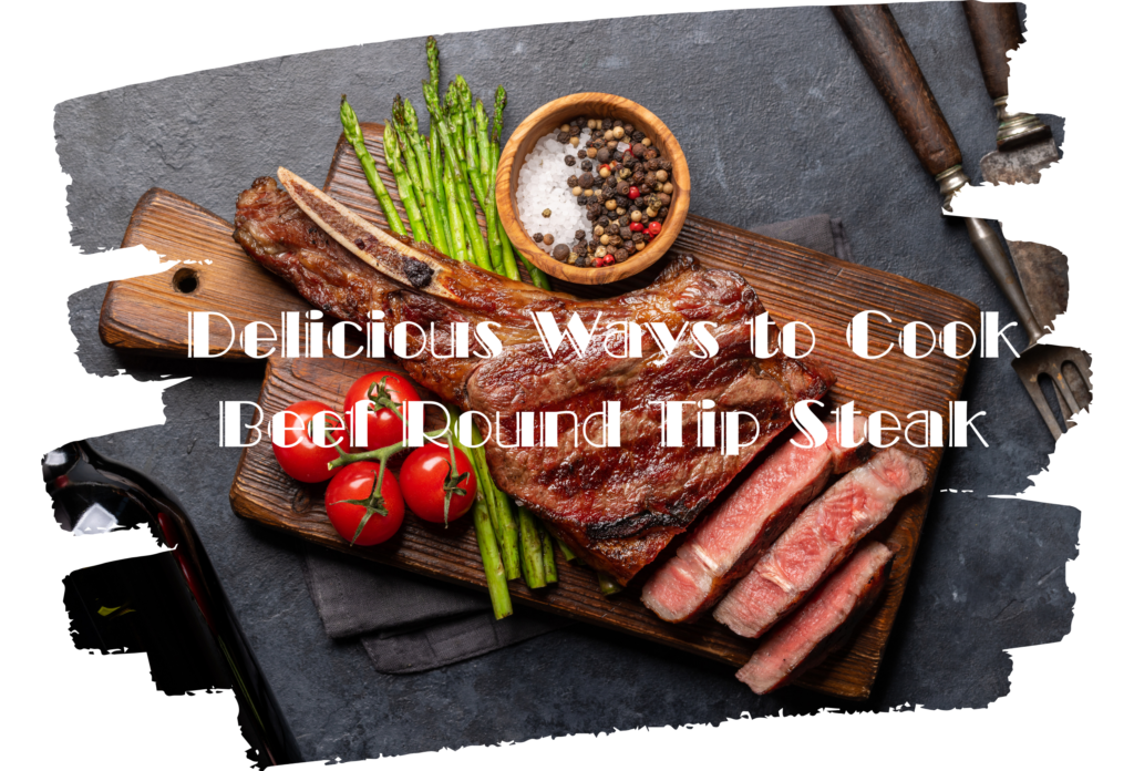 A grilled beef round tip steak with asparagus, tomatoes, and pepper seasoning on a wooden cutting board.