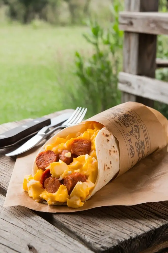 A breakfast burrito filled with scrambled eggs, sausage, and melted cheese, wrapped in a soft tortilla and served on a rustic wooden table.