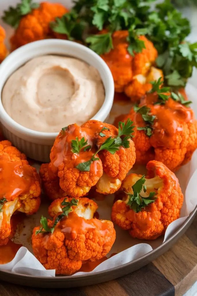 A plate of crispy buffalo cauliflower bites coated in hot sauce and served with a creamy dipping sauce.