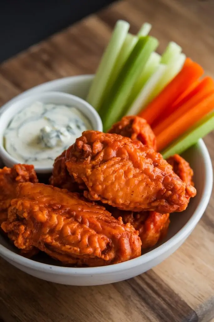 A bowl of classic buffalo wings served with celery sticks and a side of creamy blue cheese dip.