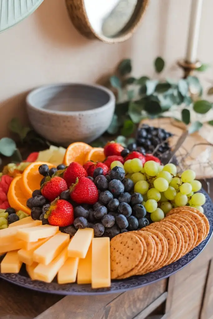 A beautifully arranged fruit and cheese platter featuring slices of yellow cheese, crackers, strawberries, blueberries, grapes, and citrus fruits.