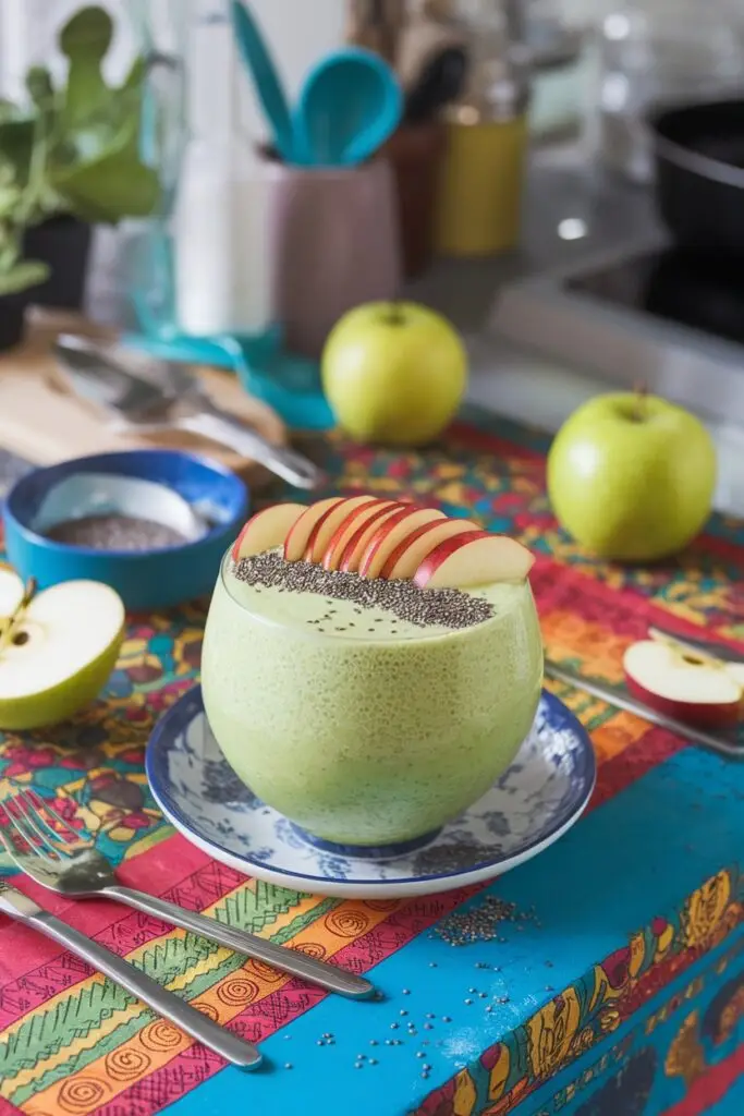 Green apple smoothie bowl with chia seeds and apple slices on top.