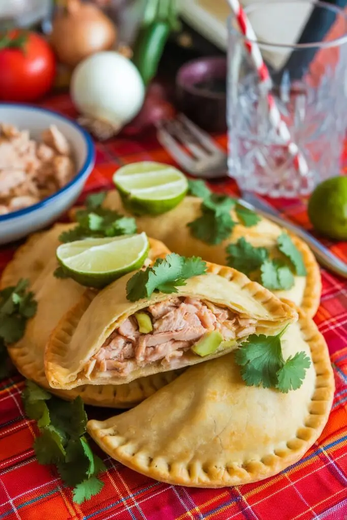 A plate of empanadas filled with shredded chicken and avocado, garnished with fresh cilantro and lime wedges.