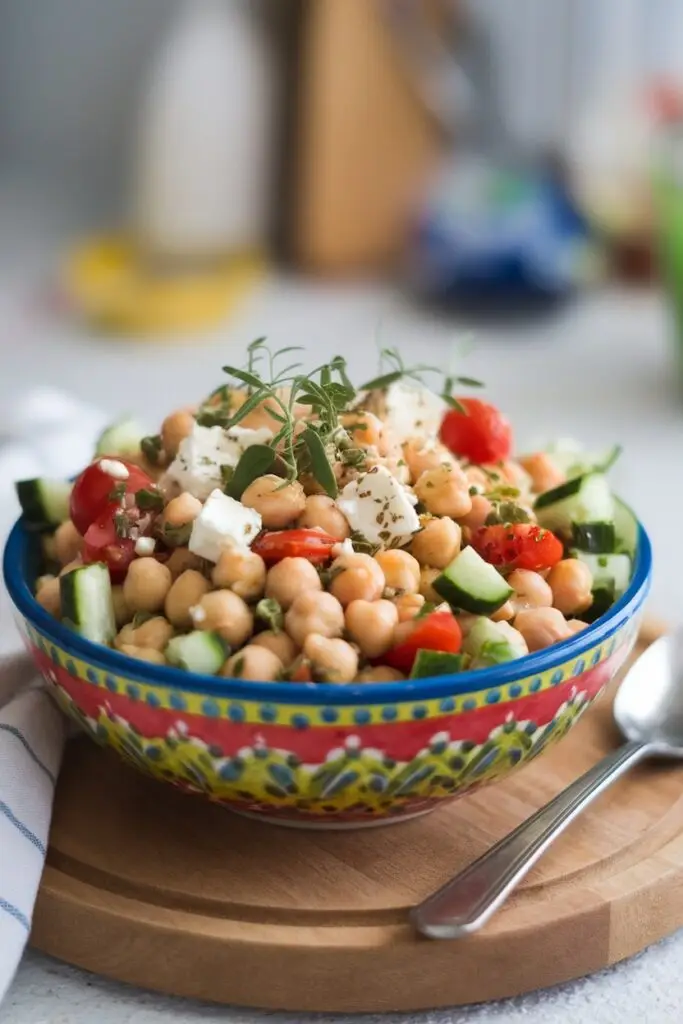 Vibrant chickpea salad with cucumbers, cherry tomatoes, and feta cheese.