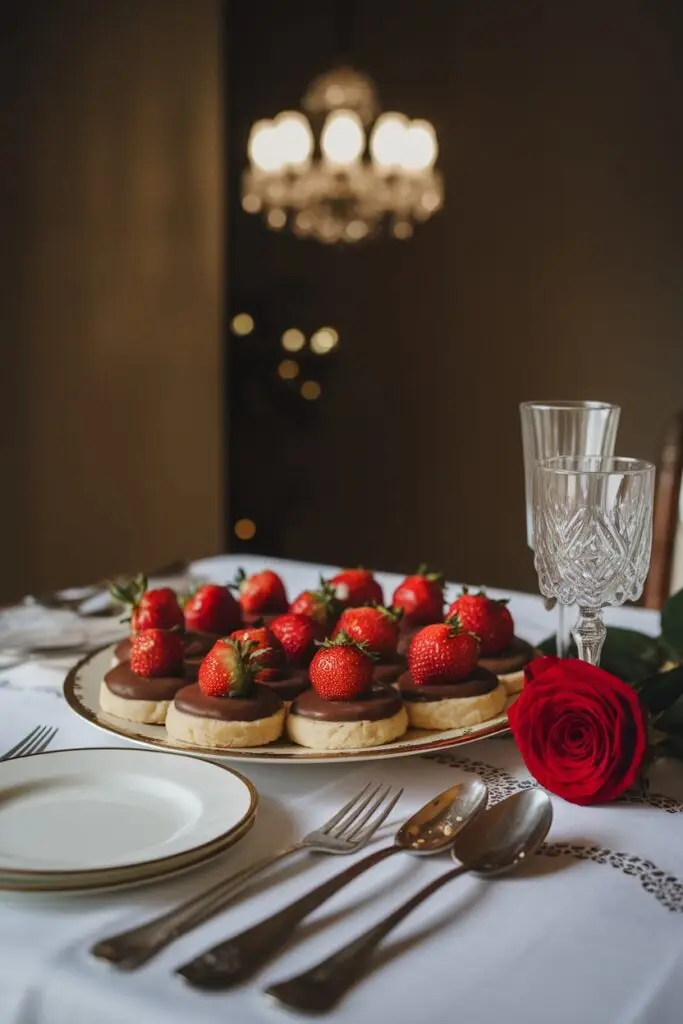 A plate of chocolate-dipped cookies topped with fresh strawberries, elegantly arranged on a dining table with crystal glasses and a red rose.