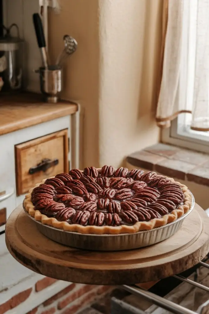 A freshly baked pecan pie, topped with a rich chocolate drizzle, resting on a wooden counter.