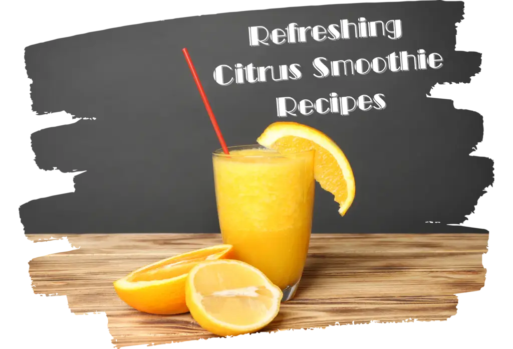 A vibrant orange smoothie with a slice of orange on the rim, served with fresh citrus fruits.