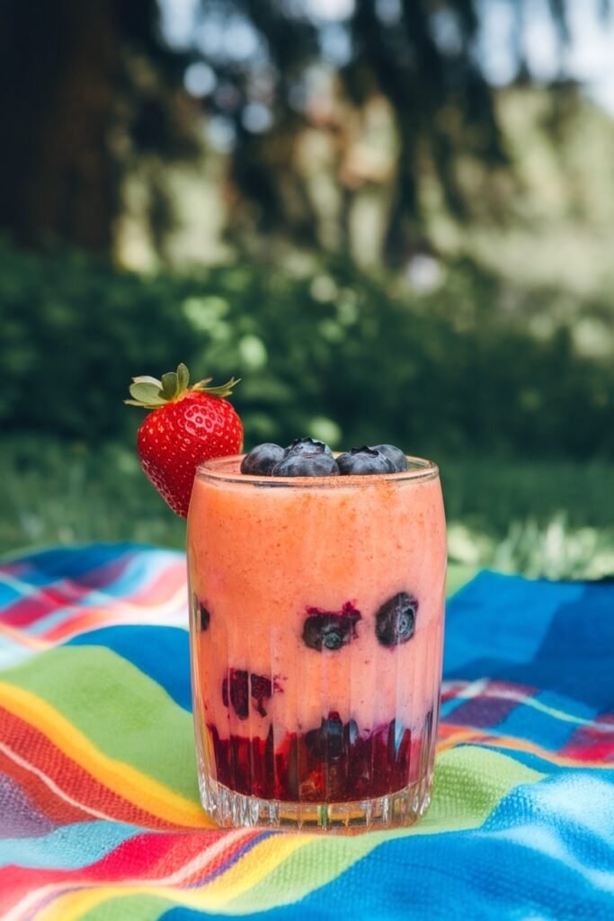 A fruity citrus smoothie topped with fresh blueberries and a strawberry garnish, sitting on a colorful picnic blanket.