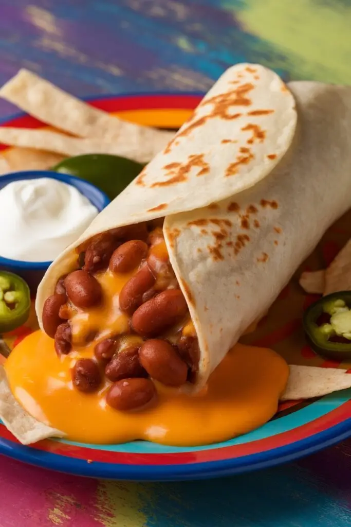 A traditional bean and cheese burrito filled with creamy refried beans and melted cheddar, topped with jalapeños and served with sour cream.