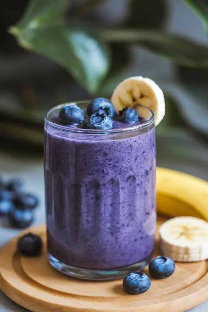 A vibrant blueberry banana smoothie in a glass, garnished with fresh blueberries and a banana slice.