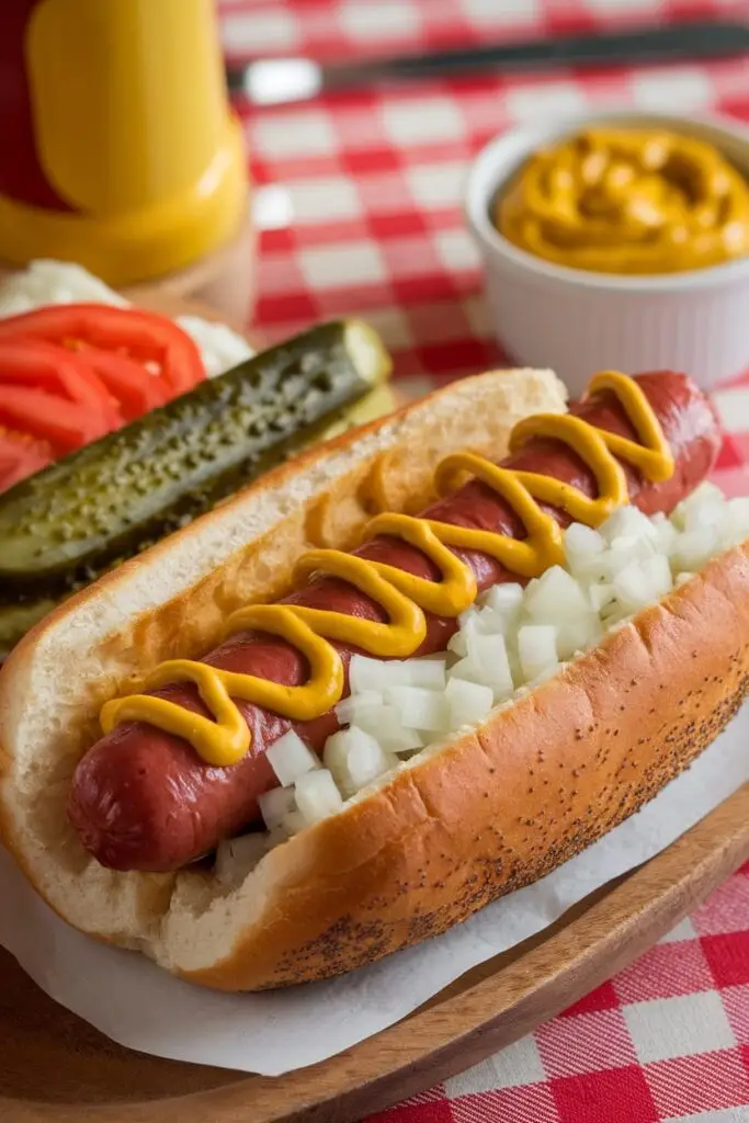 A Chicago-style hot dog topped with mustard, onions, relish, tomato slices, pickles, and sport peppers.