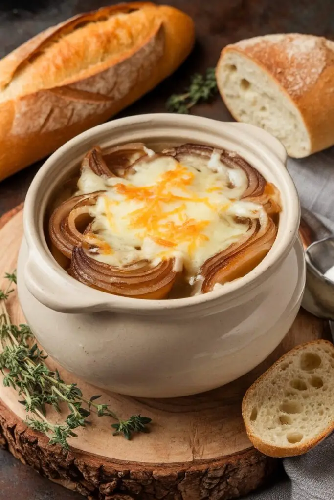 A bowl of traditional French onion soup with caramelized onions and melted Gruyère cheese, served with fresh baguette slices.