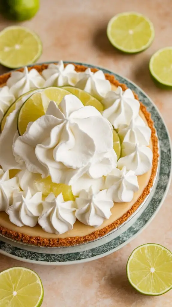 Classic key lime pie topped with whipped cream swirls, a perfect dessert recipe for key lime pie lovers.