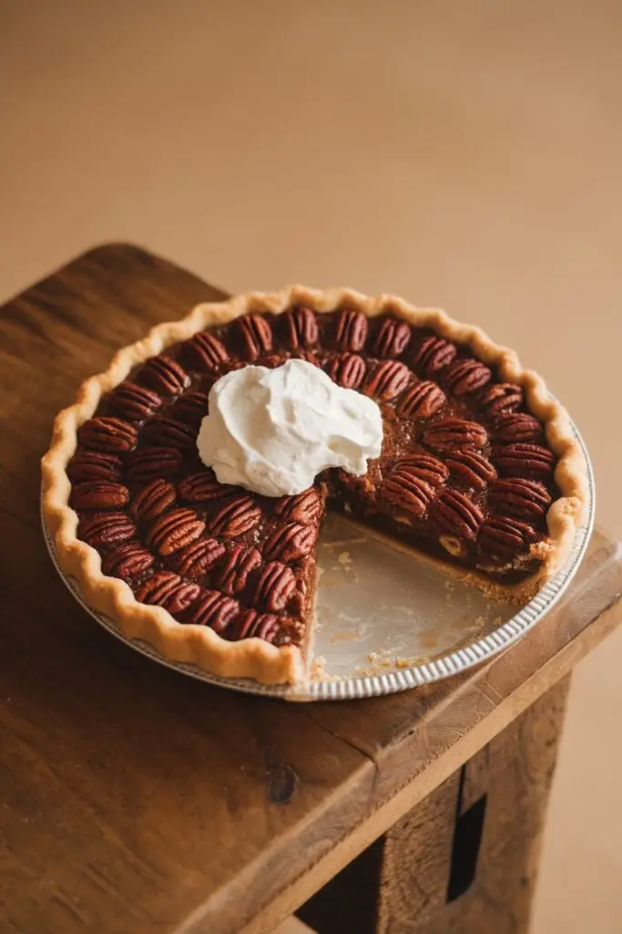 A classic southern pecan pie with a slice missing, topped with a swirl of whipped cream.