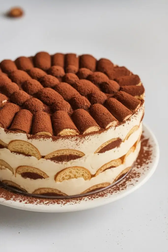 A beautifully layered tiramisu cake with alternating mascarpone and ladyfinger layers, topped with cocoa powder.