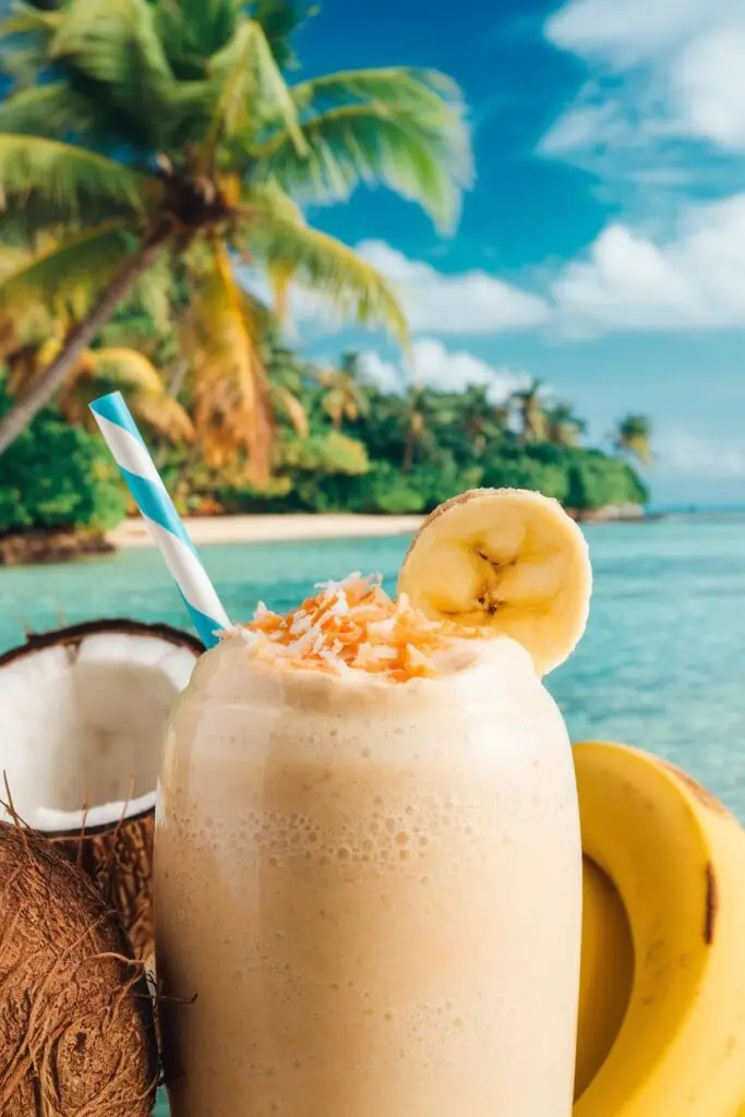 A tropical coconut and banana smoothie with shredded coconut topping, placed on a beachside table.