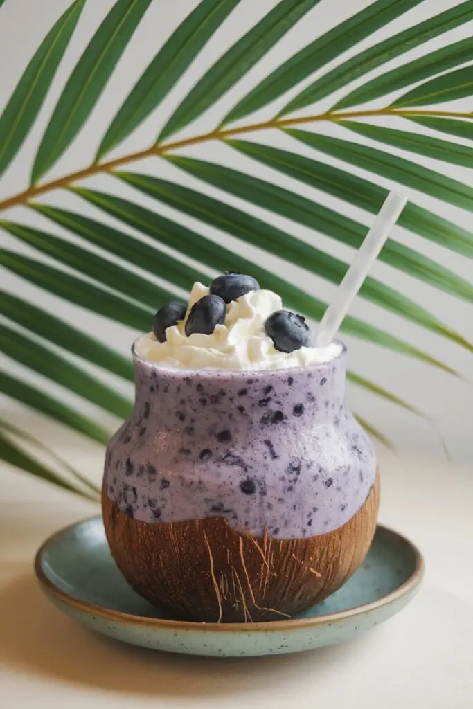 A rich blueberry coconut smoothie in a wooden coconut cup, topped with whipped cream and fresh blueberries.