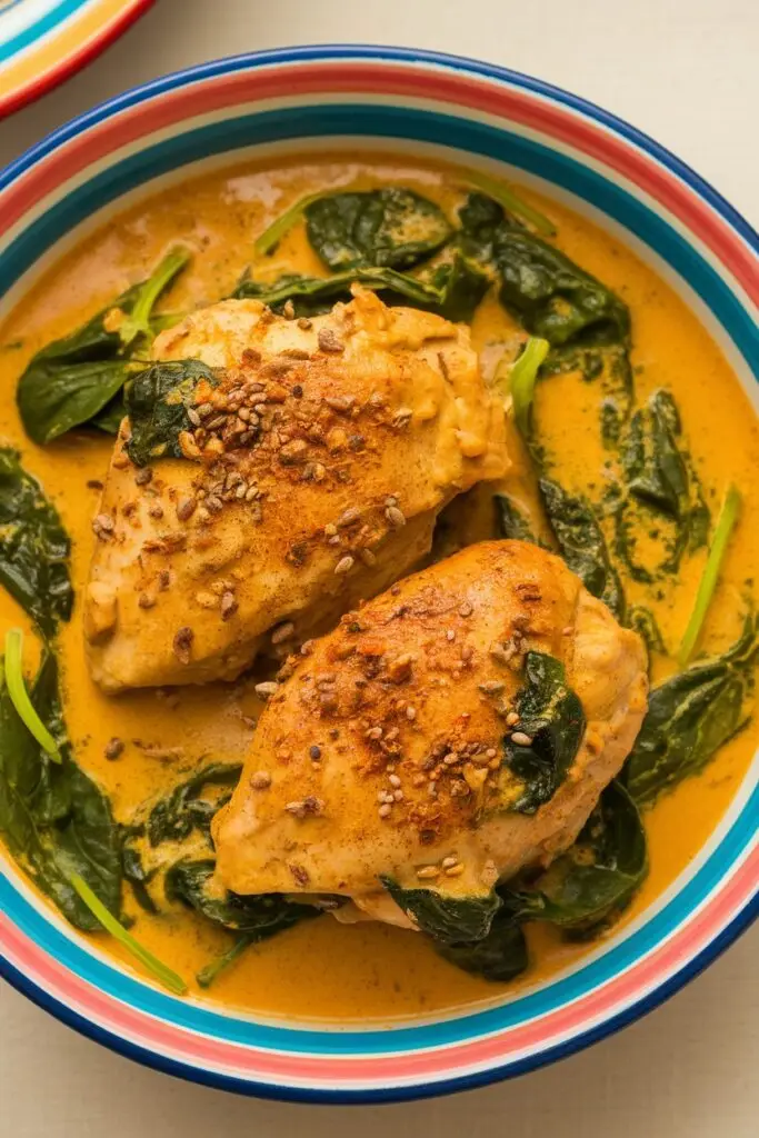 Coconut curry chicken in a creamy, orange-colored sauce with spinach leaves, served in a vibrant bowl.