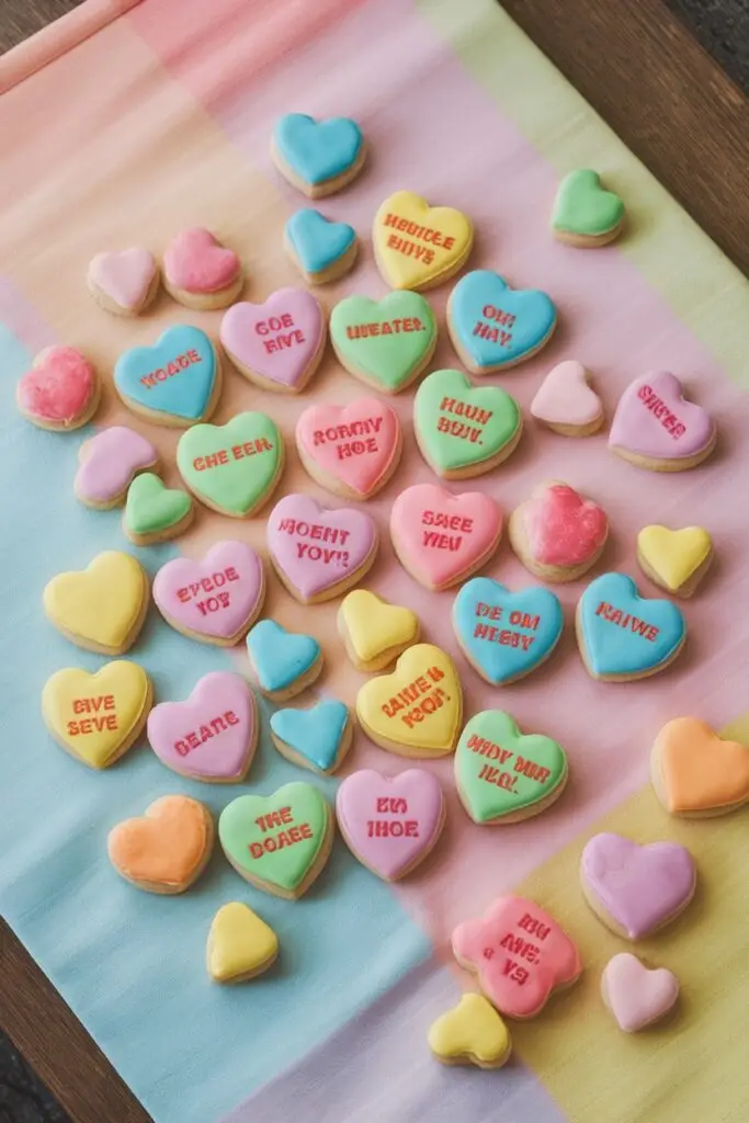 A colorful array of heart-shaped cookies with playful messages, displayed on a pastel rainbow tablecloth.